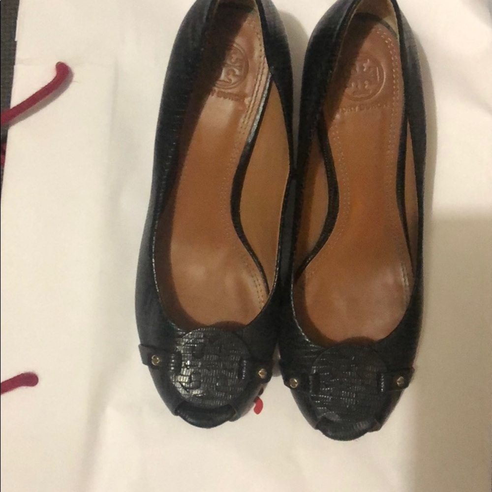 Tory Burch peep toe black wedges sz 8